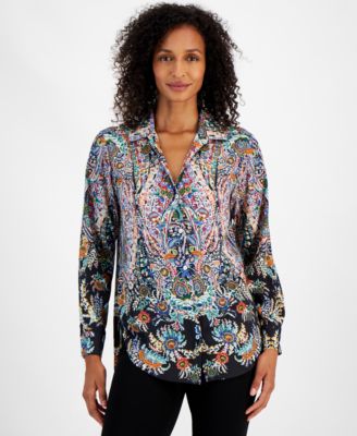 T Tahari - Women's Printed Satin Button-Front Shirt