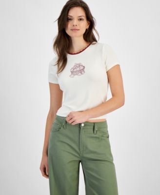 Rebellious One - Juniors' Lace-Trim Rose Graphic T-Shirt