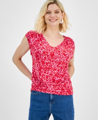 I.N.C. International Concepts - Petite Printed V-Neck Ruched-Shoulder Top