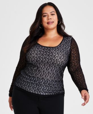 Bar III - Trendy Plus Size Scoop-Neck Long-Sleeve Lace Top