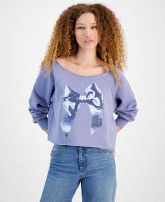 Self Esteem - Juniors' Off-The-Shoulder Raglan-Sleeve Bow-Graphic Sweater