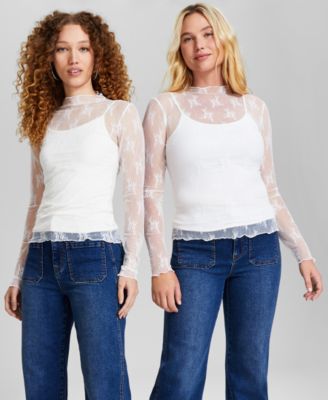 And Now This - Women's Floral-Lace Mock-Neck Top