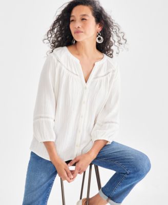 Style & Co - Women's Cotton Button-Front Lace-Trim Top