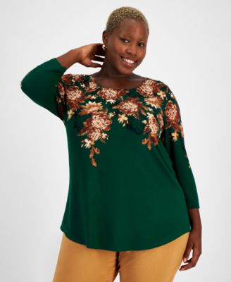 JM Collection - Plus Size Baroque Cascade 3/4-Sleeve Top
