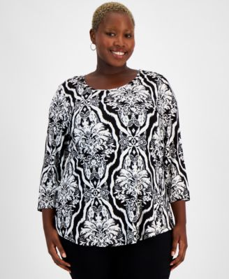 JM Collection - Plus Size Baroque Garden 3/4-Sleeve Top