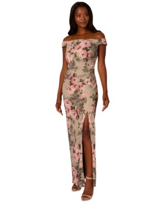 Adrianna Papell - Women's Metallic Jacquard Floral Print Off-The-Shoulder Gown