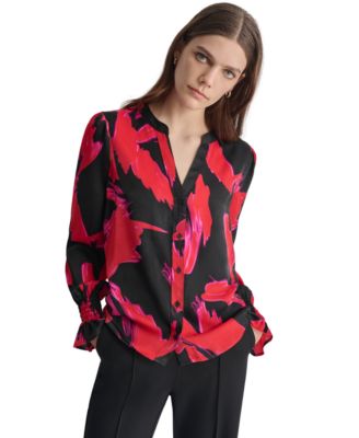 DKNY - Women's Printed Blouson-Sleeve Button-Front Shirt