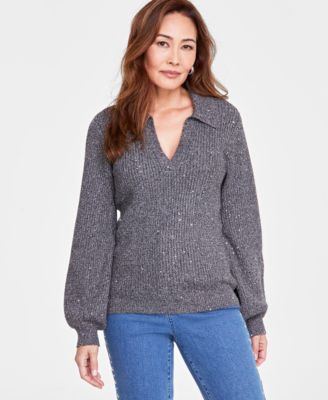 I.N.C. International Concepts - Women's Sequin-Embellished Collared Long-Sleeve Sweater, Created for Macy's