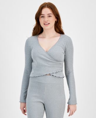 Planet Heart - Juniors' Surplice-Neck Ribbed Top