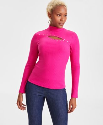 I.N.C. International Concepts - Women's Studded Cut-Out Mock-Neck Top