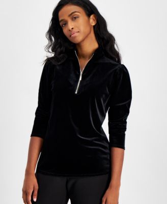 AK Anne Klein - Petite Stretch Velour Quarter-Zip Top