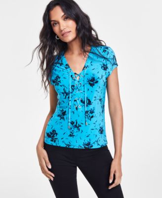 I.N.C. International Concepts - Women's Printed Lace-Up Front Top