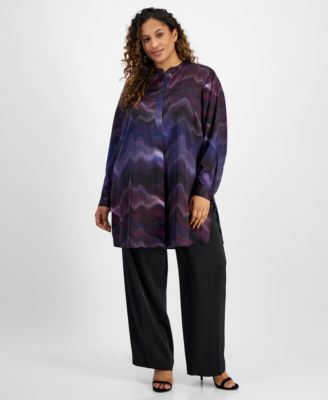 Anne Klein - Plus Size Printed Split-Neck Popover Top