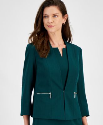 Kasper - Petite Stretch Crepe Open-Collar Zip-Pocket Blazer