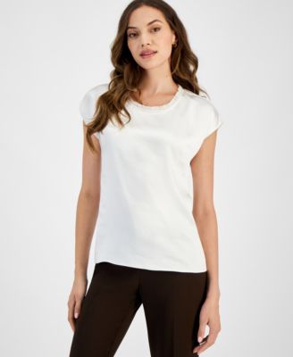 Tahari ASL - Women's Fringe-Trim-Neck Short-Sleeve Satin Top