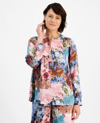 JM Collection - Petite Floral-Print Split-Neck Pullover Top