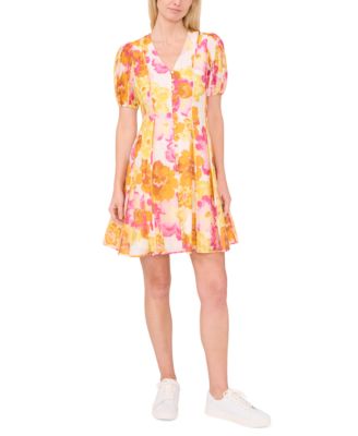 CeCe - Women's Floral-Print Seamed Button-Front Dress