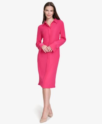 Halston - Women's Long-Sleeve Collared Side-Tuck Dress