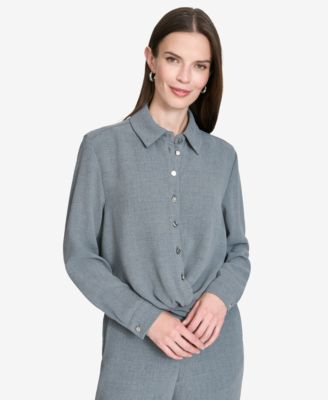 Halston - Women's Twisted-Hem Long-Sleeve Blouse