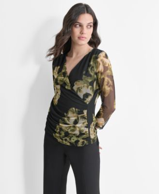 DKNY - Women's 3/4-Sleeve Printed Mesh V-Neck Top