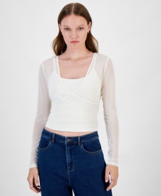 Ultra Flirt - Juniors' Mesh Surplice-Neck Long-Sleeve Top