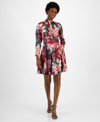 Tahari ASL - Women's Mock-Neck Long-Sleeve Belted Fit & Flare Dress