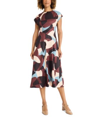 Maggy London - Women's Printed Crewneck Cap Sleeve Midi Dress