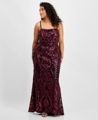 B Darlin - Plus Size Sequin Tie-back Square-Neck Gown