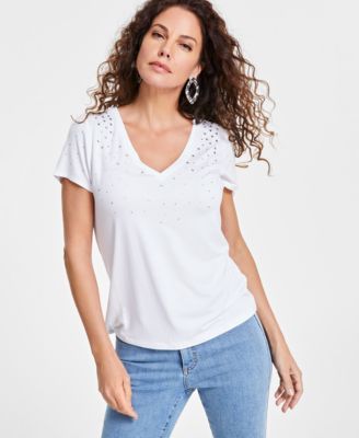 I.N.C. International Concepts - Women's Raining-Crystal V-Neck Tee, Created for Macy's