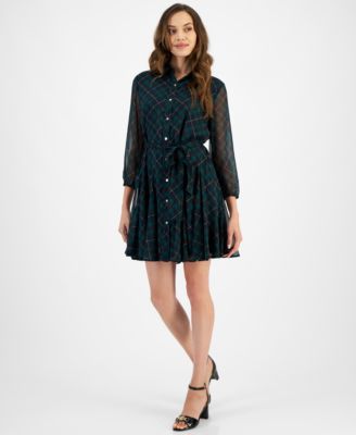Tommy Hilfiger - Women's Argyle-Print Sheer-Sleeve Dress