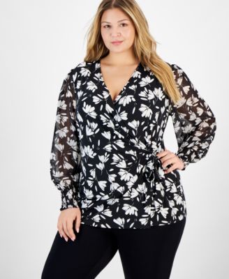 Anne Klein - Plus Size Floral-Print Sheer-Sleeve Wrap Top