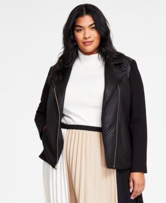 Anne Klein - Plus Size Quilted Mixed-Media Moto Jacket