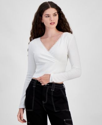 Sugar Moon - Juniors' Rib-Knit Picot-Trim Top