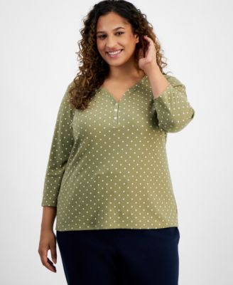 Style & Co - Plus Size Printed Henley 3/4-Sleeve Top