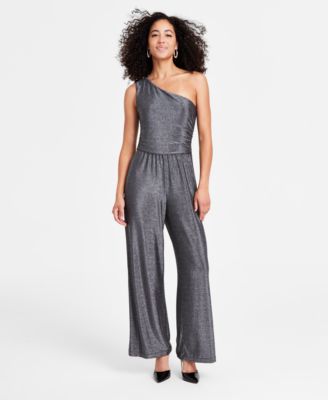 Bar III - Women's One-Shoulder Metallic Wide-Leg Jumpsuit