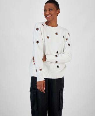 Bar III - Women's Grommet-Trim Crewneck Sweater