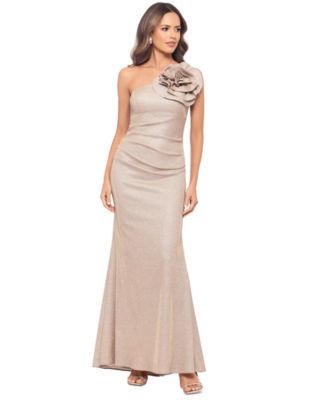 Betsy & Adam - Women's Metallic Rosette One-Shoulder Gown