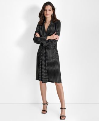 DKNY - Women's Striped Twist-Front Collared Dress