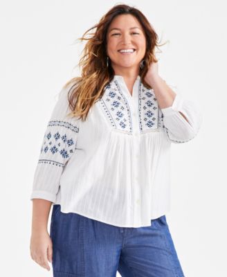 Style & Co - Plus Size Embroidered 3/4-Sleeve Button-Front Blouse, Created for Macy's