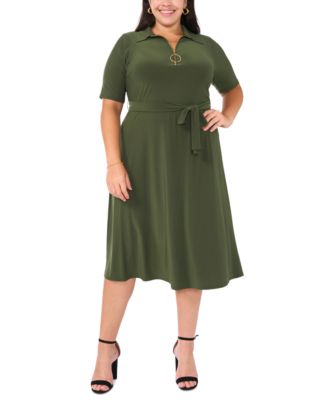 MSK - Plus Size Collared Tie-Waist Short-Sleeve Midi Dress