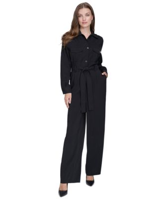 Halston - Women's Trench Tie-Waist Wide-Leg Long-Sleeve Jumpsuit