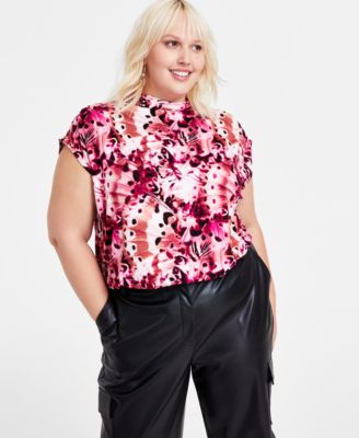 Bar III - Trendy Plus Size Printed Mock Neck Blouson Knit Top
