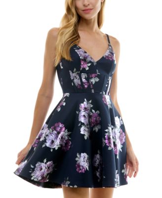 City Studios - Juniors' Foil Floral Print Sleeveless Fit & Flare Dress