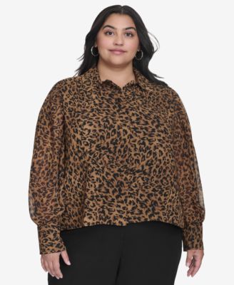 DKNY - Plus Size Cheetah-Print Long-Sleeve Shirt