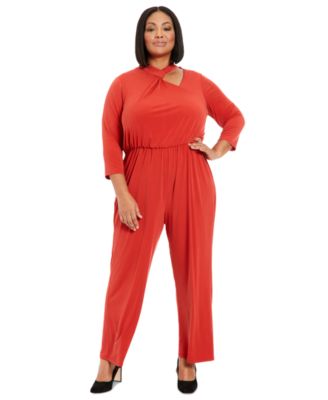 London Times - Plus Size Looped-Neck 3/4-Sleeve Jumpsuit