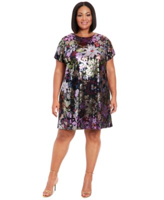 London Times - Plus Size Floral-Sequin Round-Neck T-Shirt Dress