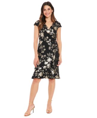 London Times - Petite Foil-Print Side-Knit A-Line Dress