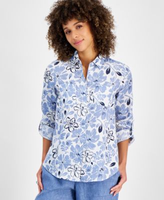 Charter Club - Women's Floral-Print Linen Button-Up Shirt