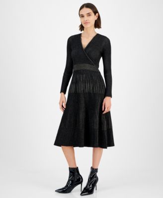 T Tahari - Women's Metallic Ribbed Surplice Fit & Flare Dress