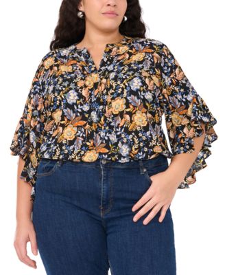 Vince Camuto - Plus Size Floral Split-Neck Ruffle-Sleeve Top